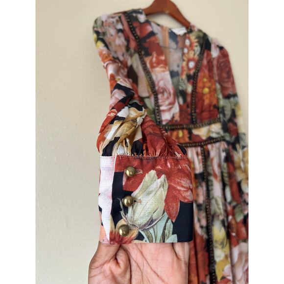 ❌SOLD❌ L'Atiste Burnt Orange Floral Semi Sheer Deep V Maxi Dress Size Small - Picture 5 of 11